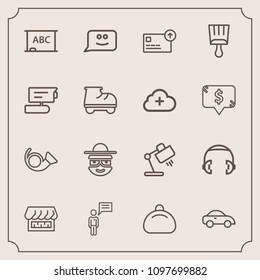 Modern, simple vector icon set with home, lamp, board, music, leather, cash, finance, communication, musical, curtain, jazz, smile, bugle, trumpet, money, transport, car, chalkboard, person, bag icons