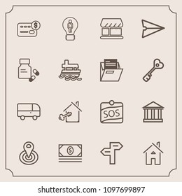 Modern, simple vector icon set with transportation, internet, concept, direction, bank, building, sos, home, cash, tourism, balance, credit, arrow, sky, greece, creative, white, speed, house icons