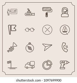 Modern, simple vector icon set with meeting, compass, business, blue, sea, email, direction, musical, businessman, south, white, undersea, vehicle, presentation, telephone, north, trumpet, hand icons