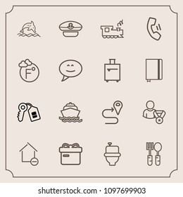 Modern, simple vector icon set with ribbon, kitchen, business, present, spoon, wc, wildlife, yacht, location, restroom, sea, dolphin, hat, sailor, dinner, train, cap, navigation, bathroom, map icons