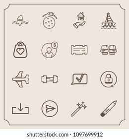 Modern, simple vector icon set with airplane, surfer, wizard, wand, protection, property, ocean, message, surfing, stationery, lock, chat, aircraft, gym, rocket, office, exercise, tropical, sign icons