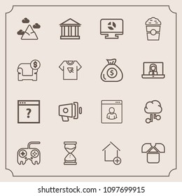 Modern, simple vector icon set with tshirt, communication, clock, home, time, hour, business, profile, network, announcement, sand, nature, mountain, sky, greek, megaphone, shirt, coffee, chart icons