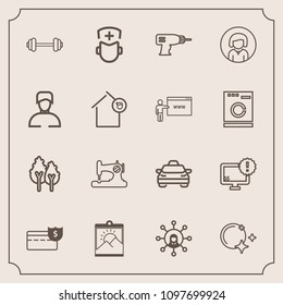 Modern, simple vector icon set with technology, cash, warning, monitor, craft, medicine, nature, picture, fashion, taxi, landscape, exercise, medical, star, coin, internet, business, surgeon icons