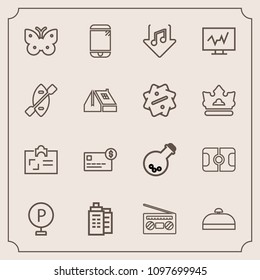 Modern, simple vector icon set with nature, urban, balance, identity, car, equipment, touchscreen, money, technology, cell, road, house, audio, credit, record, bank, suitcase, luggage, soccer icons