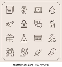 Modern, simple vector icon set with gift, holiday, map, dirt, astronomy, box, night, extreme, tape, stereo, communication, adventure, snack, technology, camera, sky, satellite, education, pin icons