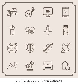Modern, simple vector icon set with shield, protection, protect, instrument, white, bedroom, estate, car, communication, cancel, fast, furniture, online, tv, musical, palm, tree, connection, bed icons
