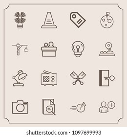Modern, simple vector icon set with photo, seamark, lighthouse, communication, camera, add, lens, tag, late, technology, sign, oar, sea, lamp, night, wireless, door, water, concept, office, zoom icons
