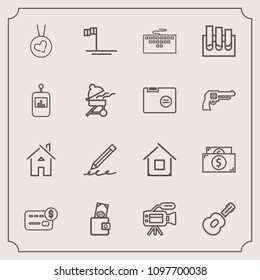 Modern, simple vector icon set with technology, hand, keyboard, education, tripod, lens, card, microphone, guitar, wallet, pencil, home, pen, currency, beach, business, camera, necklace, dollar icons