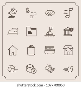 Modern, simple vector icon set with sound, architecture, interior, package, bag, eye, office, celebration, late, man, double, home, bed, gift, road, body, building, estate, navigation, melody icons