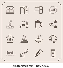 Modern, simple vector icon set with coupon, home, vintage, shirt, faucet, birdhouse, video, business, house, technology, microphone, concept, tshirt, support, call, app, ladder, mobile, bird, up icons