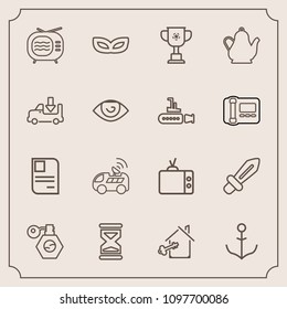 Modern, simple vector icon set with cup, clock, sword, car, business, masquerade, timer, personal, medieval, estate, technology, tv, helm, house, identity, celebration, card, key, mask, sand, id icons