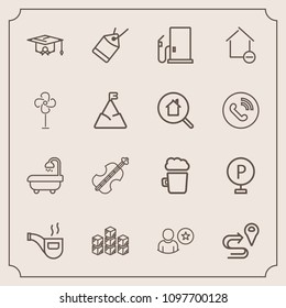 Modern, simple vector icon set with online, music, interior, lot, navigation, tag, beer, alcohol, education, pub, sound, road, paper, vintage, white, musical, graduation, bar, college, sale, car icons