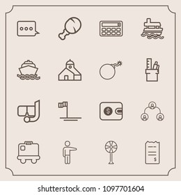 Modern, simple vector icon set with company, beach, purse, business, baja, electric, white, financial, money, airport, air, summer, wallet, hand, meal, structure, message, food, water, travel icons