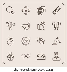 Modern, simple vector icon set with arrow, technology, road, sun, account, ship, legal, boat, travel, lens, hammer, lawyer, web, justice, map, scale, courthouse, thermometer, forbidden, profile icons