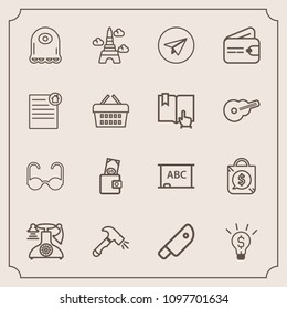 Modern, simple vector icon set with landmark, phone, dollar, sun, eiffel, background, bag, food, glasses, money, sunglasses, tower, idea, telephone, equipment, sale, blackboard, alien, business icons