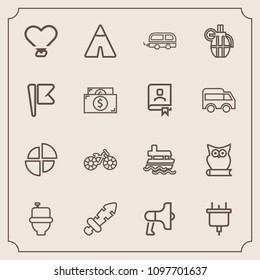 Modern, simple vector icon set with tent, heart, loud, sea, cycle, ocean, bird, speaker, megaphone, electric, bathroom, wheel, plug, ship, pie, technology, blade, wc, bike, knight, vehicle, owl icons