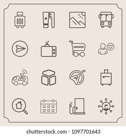 Modern, simple vector icon set with musical, music, gas, suitcase, trip, estate, clean, photography, cube, bag, online, brush, oil, car, folk, schedule, satellite, health, luggage, day, fuel icons