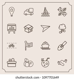 Modern, simple vector icon set with yacht, sport, ball, pin, equipment, bicycle, conference, space, destination, meeting, national, satellite, communication, wheel, ocean, position, global, boat icons