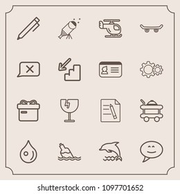 Modern, simple vector icon set with destruction, holiday, rain, astronomy, glass, bottle, room, bubble, service, telescope, water, write, document, education, message, night, gift, shattered icons