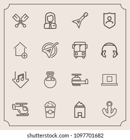 Modern, simple vector icon set with anchor, sound, shop, medicine, security, profile, sign, protection, transportation, drink, canoe, property, aviation, people, guitar, job, protect, sky, white icons