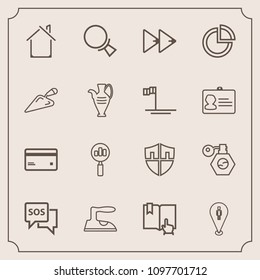 Modern, simple vector icon set with click, open, clothes, danger, pin, perfume, map, bottle, presentation, button, book, banking, card, building, find, help, housework, home, emergency, house icons