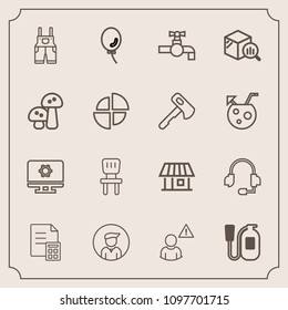 Modern, simple vector icon set with faucet, clothing, comfortable, estate, balloon, water, profile, danger, building, safety, microphone, holiday, alarm, sink, call, support, headset, boy, money icons
