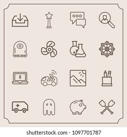 Modern, simple vector icon set with screen, navigation, landscape, success, money, boat, oar, bank, vehicle, halloween, education, notebook, ghost, emergency, scenery, cash, travel, sign, fear icons