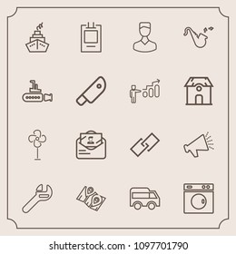 Modern, simple vector icon set with pin, washer, jazz, clean, location, equipment, profile, loudspeaker, post, tool, bus, laundry, fan, road, machine, envelope, sound, web, label, speaker, mail icons