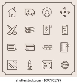 Modern, simple vector icon set with photography, help, call, house, landscape, profile, transportation, service, message, photo, checklist, business, support, spaceship, banking, craft, phone icons