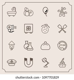 Modern, simple vector icon set with leather, electricity, white, home, science, holiday, lamp, technology, object, house, air, laboratory, navy, light, ball, field, equipment, style, game, bird icons