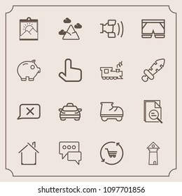 Modern, simple vector icon set with transport, wear, telephone, speech, tower, fashion, white, tool, blank, leisure, europe, frame, message, blue, transportation, estate, zoom, closed, car, cell icons