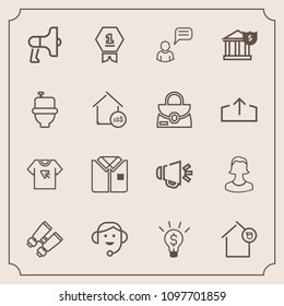 Modern, simple vector icon set with print, loudspeaker, banking, chat, megaphone, call, fashion, business, avatar, landlord, center, voice, toilet, award, spy, announcement, home, profile, loud icons