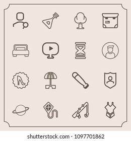 Modern, simple vector icon set with wood, internet, reel, astronomy, woman, space, fun, orbit, kite, fashion, security, sport, circle, protect, bat, shield, fish, folk, musical, sky, parasol icons