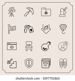 Modern, simple vector icon set with accounting, space, satellite, shield, video, folder, library, , up, lock, construction, security, window, book, tripod, technology, movie, protect, safety icons
