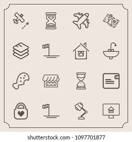 Modern, simple vector icon set with plane, leather, interior, business, clock, purse, travel, airplane, blue, snack, time, shop, aircraft, online, beach, money, mexico, light, dollar, property icons