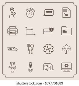 Modern, simple vector icon set with rocket, route, setting, male, dinner, transportation, railway, umbrella, technology, switch, label, restaurant, table, transport, light, traffic, white, fork icons