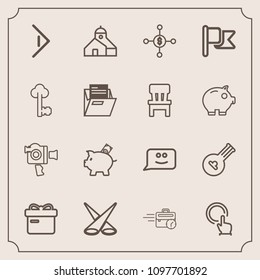 Modern, simple vector icon set with bank, computer, flag, sitting, box, chat, backdrop, gift, film, string, finger, folk, dollar, musical, holiday, hand, video, right, instrument, arrow, smile icons