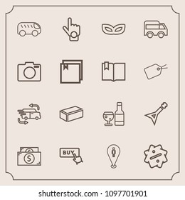 Modern, simple vector icon set with glass, transportation, move, travel, direction, drink, car, masquerade, music, camera, hand, cash, mask, index, money, finger, delivery, highway, finance, bus icons
