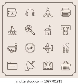 Modern, simple vector icon set with shop, aircraft, sea, mask, development, flight, sale, sound, communication, summer, music, literature, audio, education, document, rubbish, no, personal, file icons