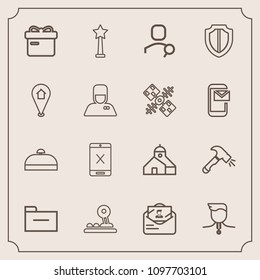 Modern, simple vector icon set with travel, internet, cancel, storage, competition, technology, envelope, medal, gold, sign, arrow, security, computer, gift, document, equipment, protect, bag icons