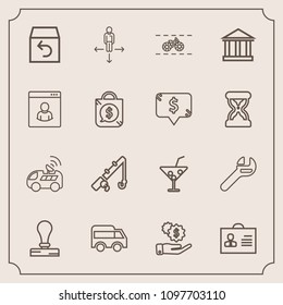 Modern, simple vector icon set with technology, equipment, sign, vehicle, wrench, sport, highway, car, repair, reel, satellite, business, fish, drink, shipping, move, dollar, person, road, money icons