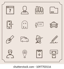 Modern, simple vector icon set with van, vehicle, laboratory, cash, finance, travel, location, medical, map, research, medicine, boy, document, barbecue, page, pencil, education, business, grill icons