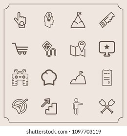Modern, simple vector icon set with bill, chief, index, finger, sky, white, uniform, mountain, saw, idea, money, gesture, dirt, up, string, musical, atv, water, construction, paper, boat, canoe icons