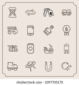 Modern, simple vector icon set with leisure, metal, change, train, replace, spaceship, room, field, replacement, space, concept, night, travel, spacecraft, roller, military, clock, luxury, time icons