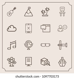 Modern, simple vector icon set with business, aircraft, businessman, vessel, concert, statistic, guitar, ship, doorknob, world, music, war, finance, dont, musical, sun, nature, glasses, note icons