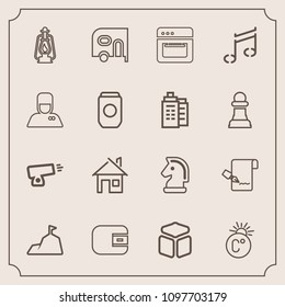 Modern, simple vector icon set with transportation, landscape, lantern, food, chessboard, document, estate, war, architecture, finance, fahrenheit, delivery, cube, military, money, temperature icons