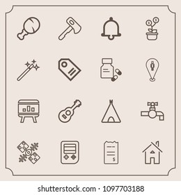 Modern, simple vector icon set with music, adventure, musical, guitar, house, business, camp, tool, global, building, satellite, bathroom, tent, paper, sink, template, chicken, notification, tap icons