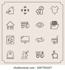 Modern, simple vector icon set with internet, button, key, click, pc, shipping, dump, truck, touch, online, arrow, alien, food, earth, character, technology, cartoon, satellite, concept, space icons