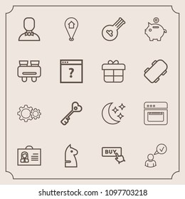 Modern, simple vector icon set with key, bank, chess, strategy, food, internet, door, security, button, online, action, business, equipment, horse, location, web, kitchen, sky, night, chessboard icons