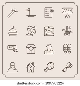 Modern, simple vector icon set with spatula, button, house, bellhop, magician, estate, architecture, meal, food, service, baja, construction, hospitality, magic, chicken, person, snack, builder icons